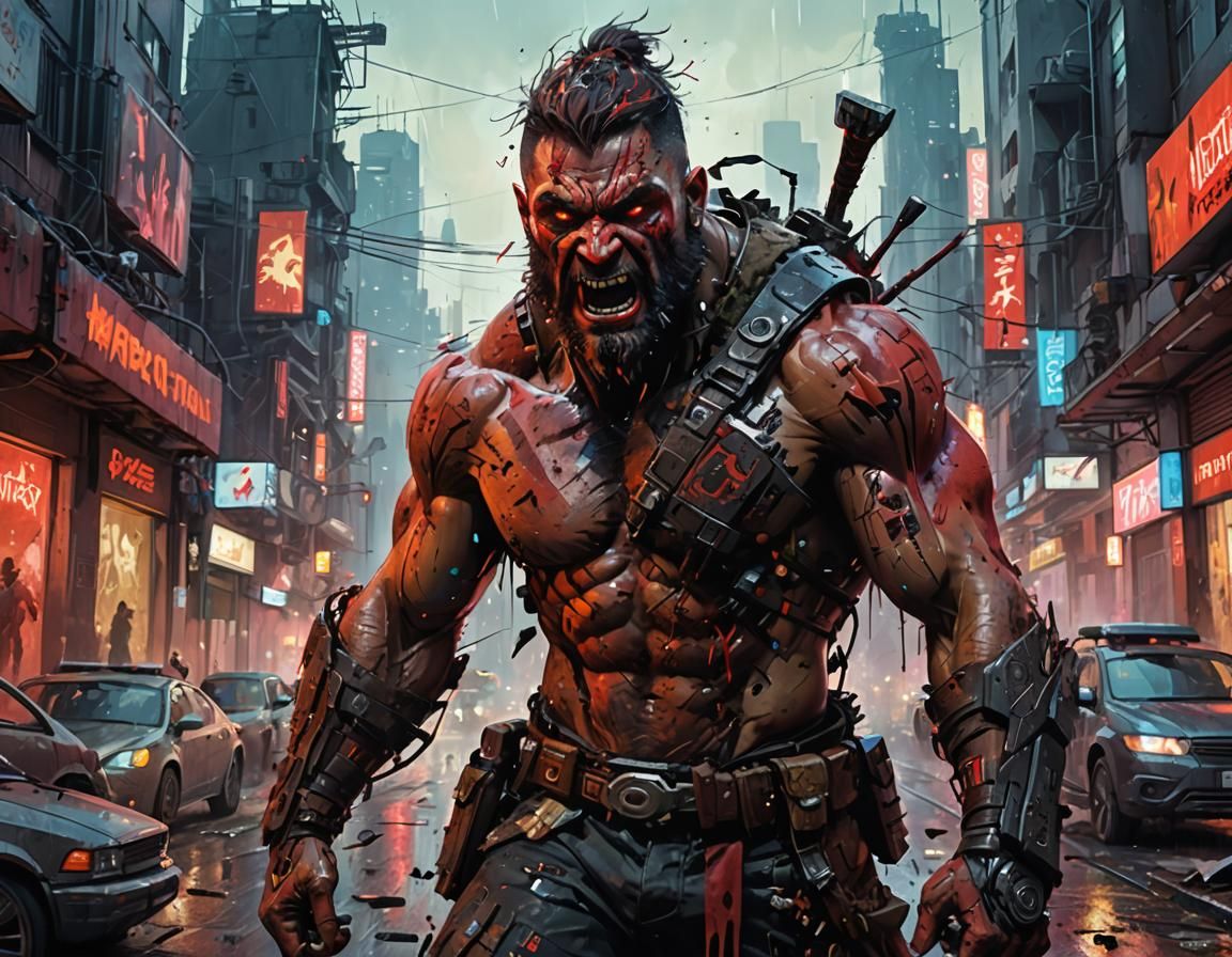 Barbarian Berserker in Neon City, Digital Art