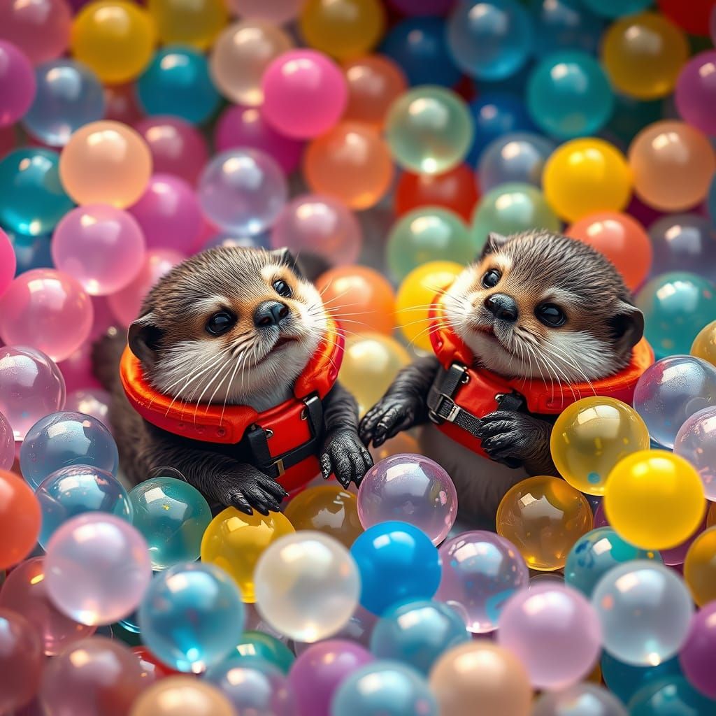 Cute Otters Play in Ball Pit: Hyperrealistic Digital Art