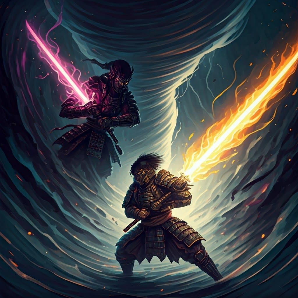 Epic Samurai Battle Amidst Storm, Ukiyo-e Style