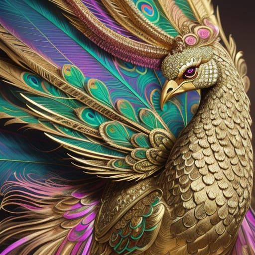 Regal Peacock Displays Vibrant Plumage in Opulent Digital Ar...