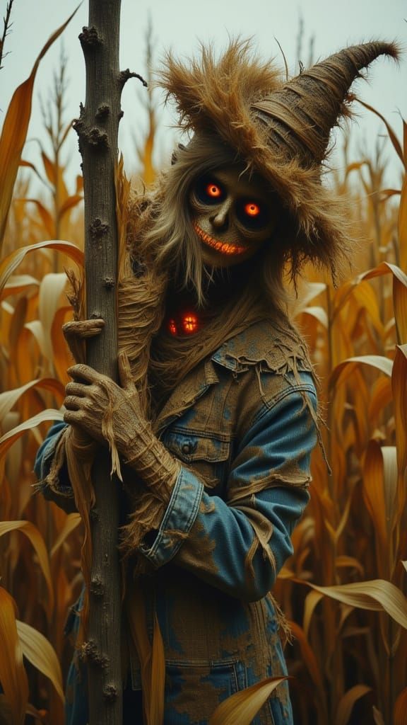 Terrifying Corn Doll Attacks Scarecrow in Dark Fantasy
