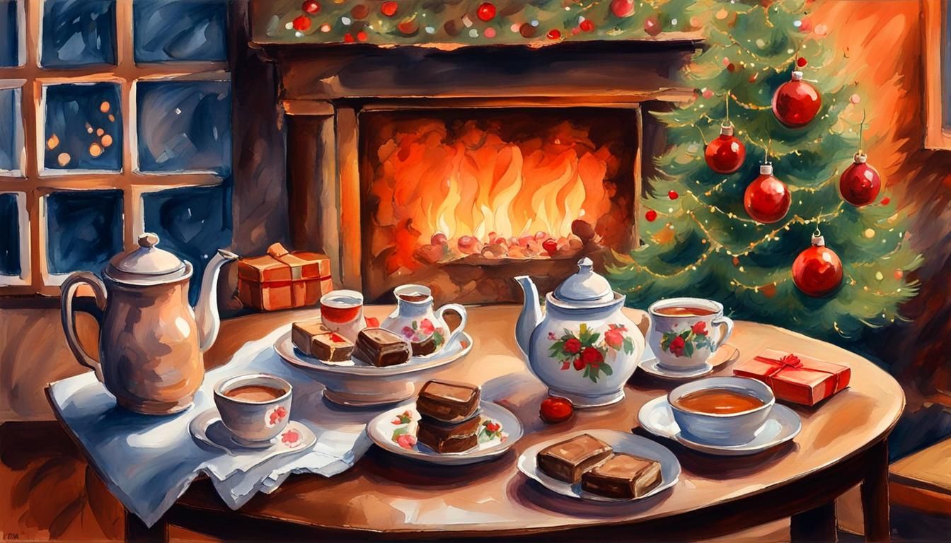 Christmas Eve Scene in Gouache and Watercolor