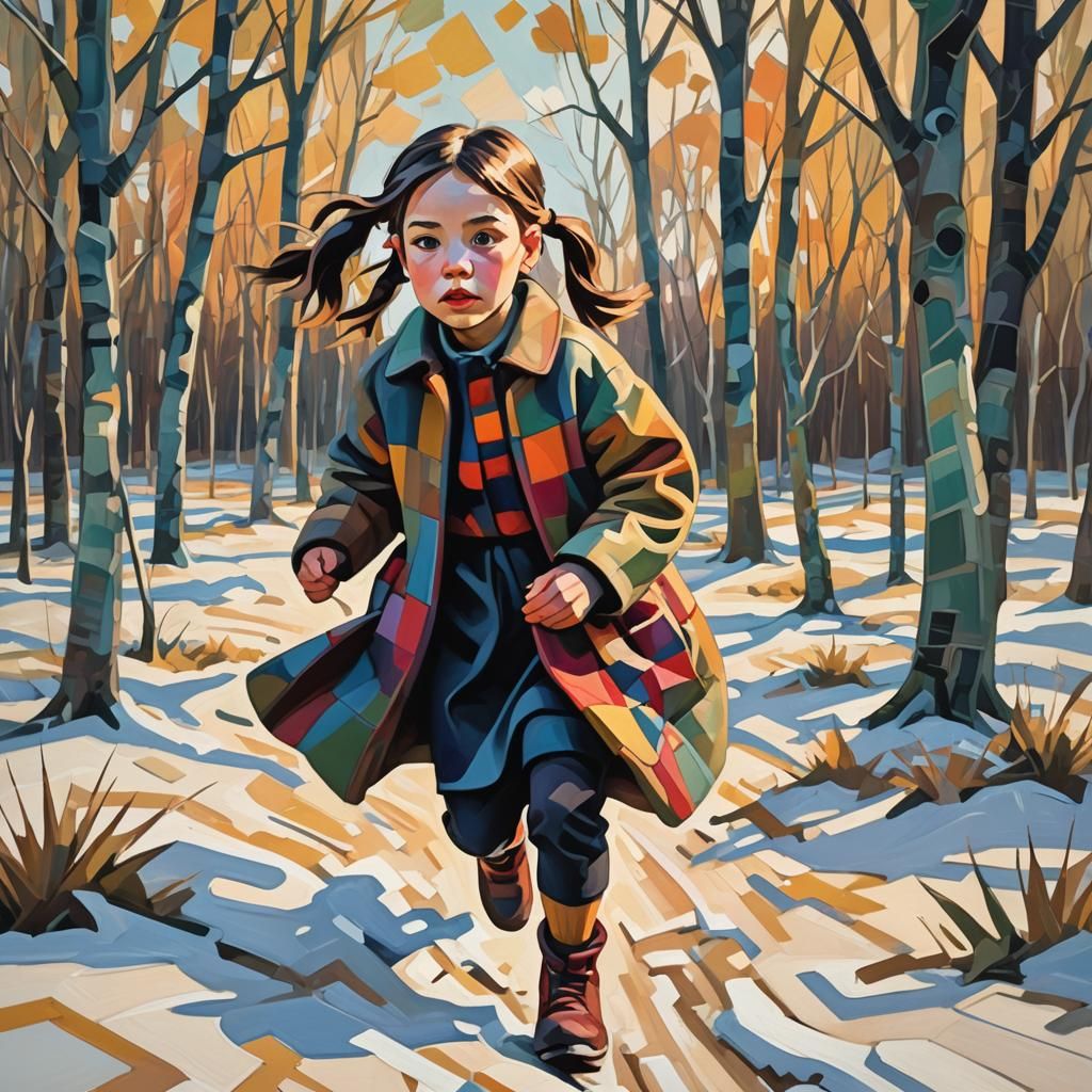 Neo-Cubist Girl Chasing Puppy in Winter Field