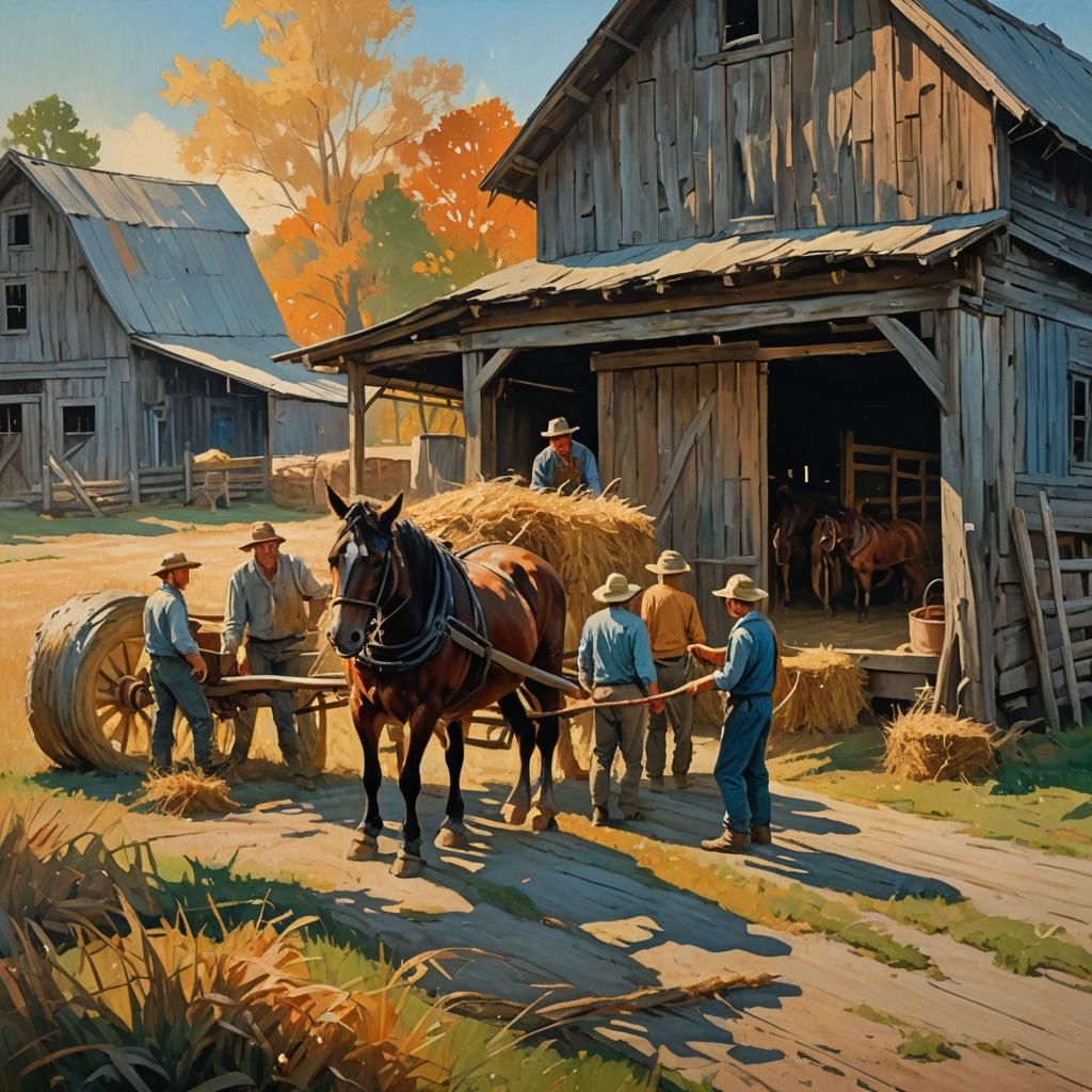 Rustic Barn: Farmers Unloading Hay, Impasto Oil Painting