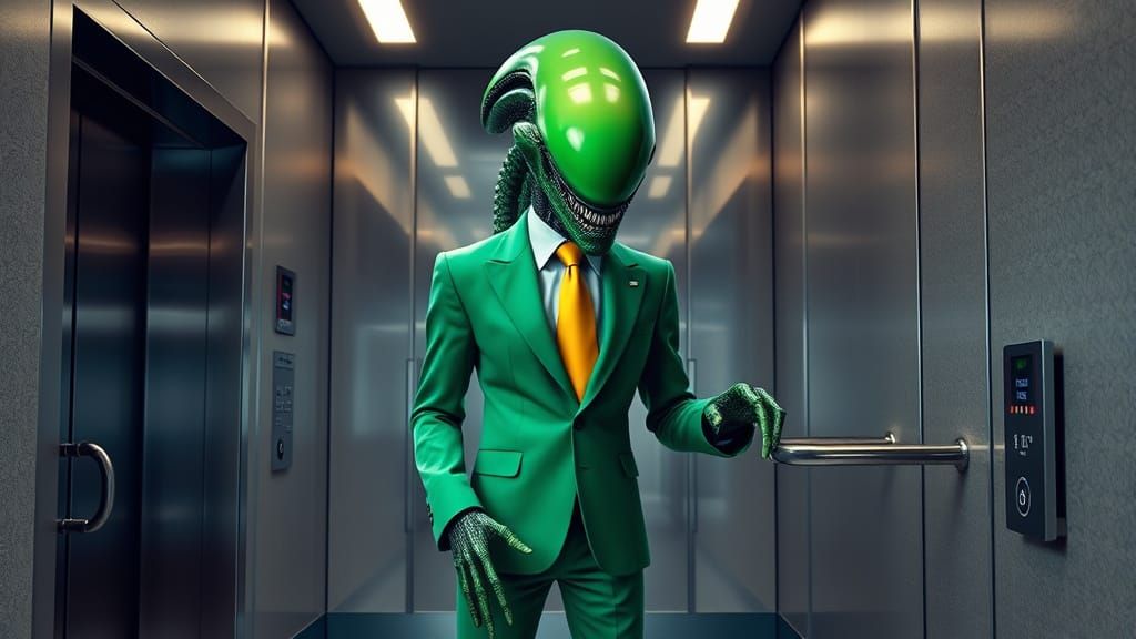 Corporate Xenomorph in Futuristic Office Lobby