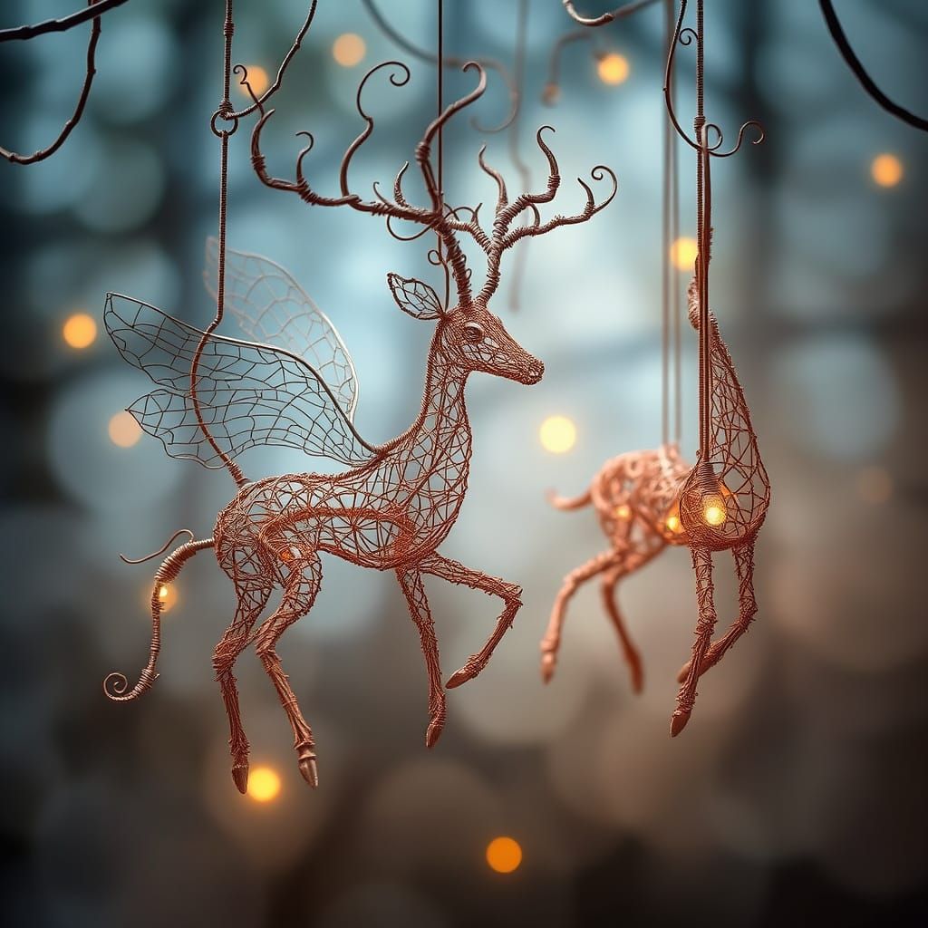 Ethereal Wire Animals in a Misty Landscape