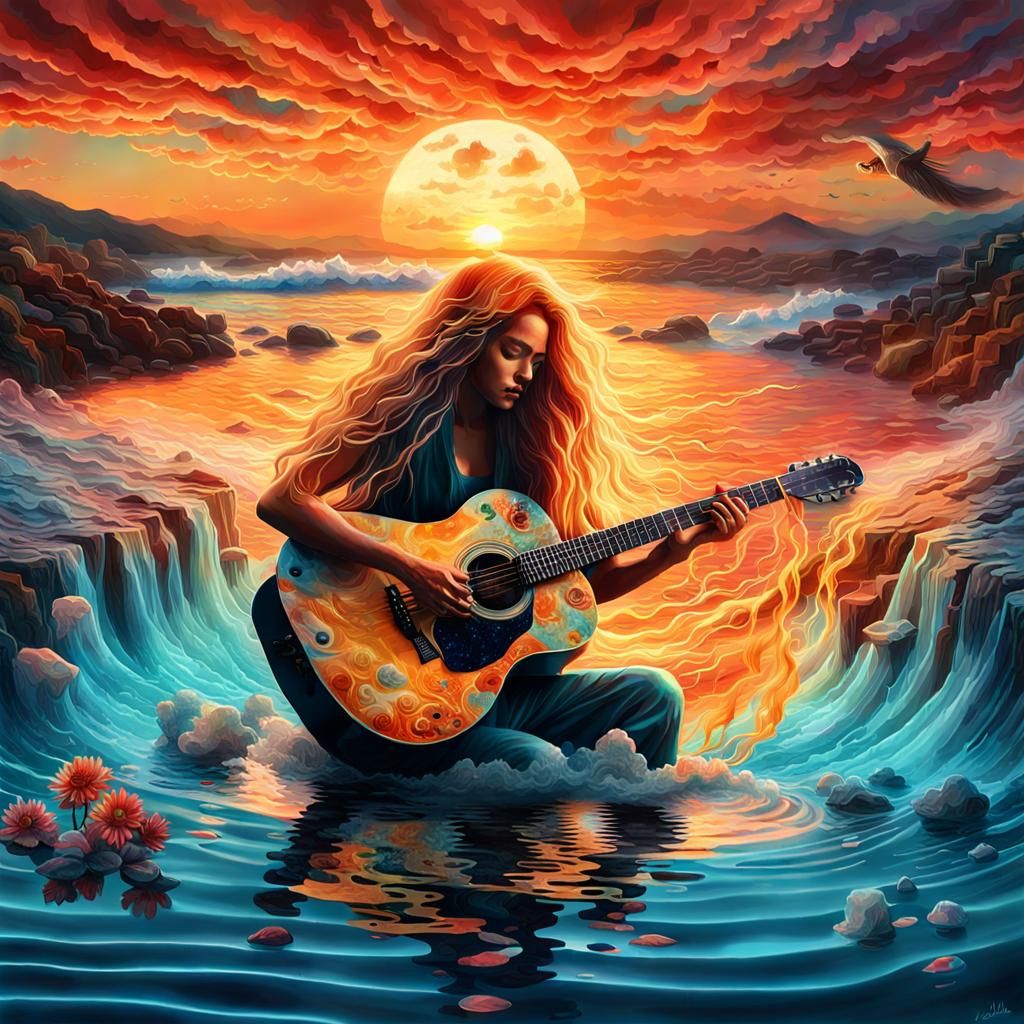 Dreamlike Digital Art Collage with Sunset Silhouette