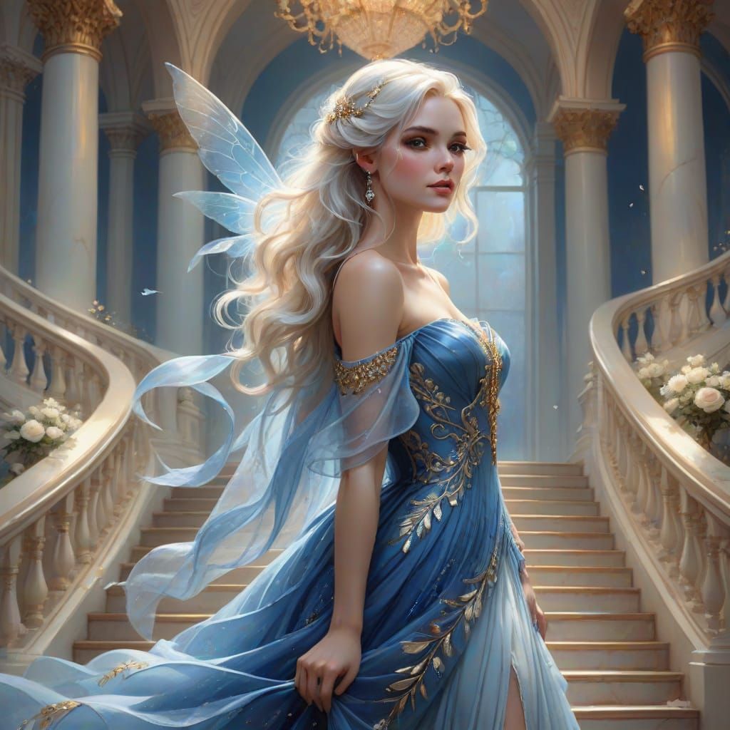 Ethereal Fairy Descends Royal Staircase in Painterly Splendo...