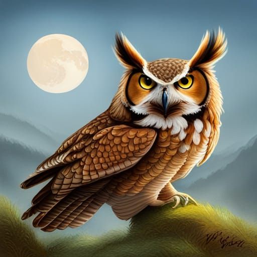 Detailed Painting of a Great Horned Owl