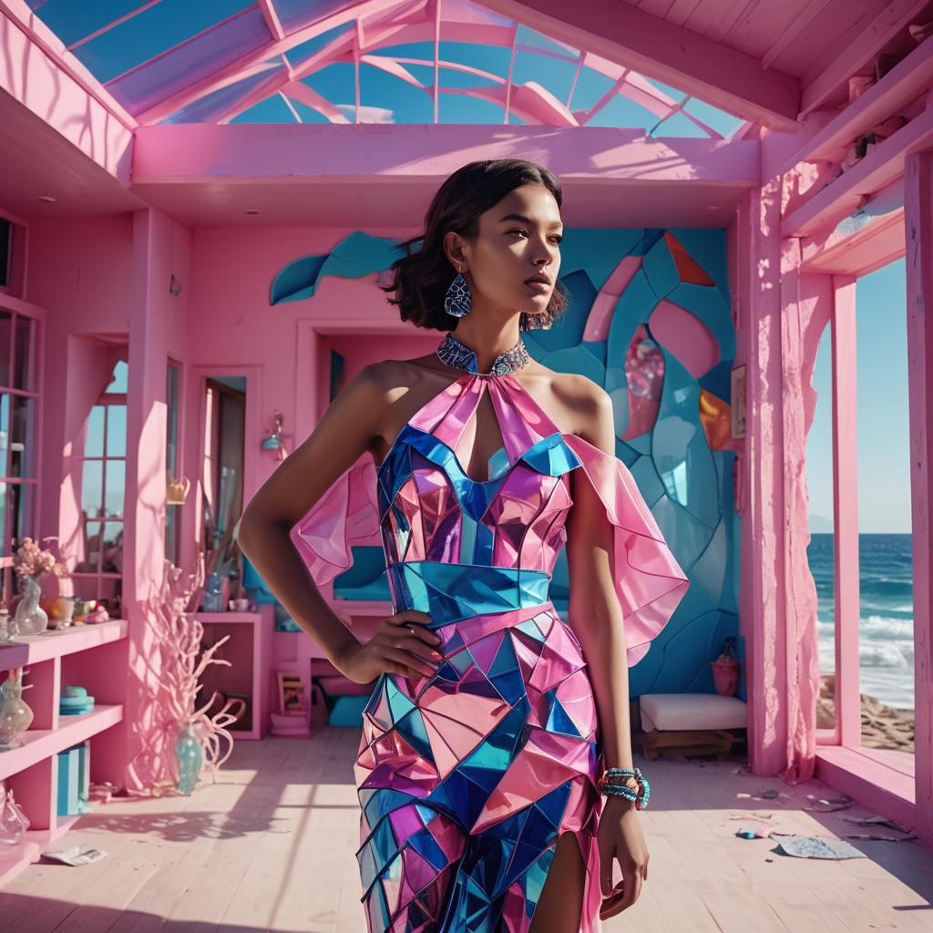 Fluorescent Fashion Model in Dreamy Mediterranean Beach Hous...