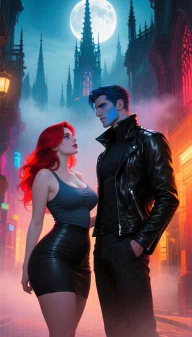 Cyberpunk Couple in Lunar Glow, Gothic City