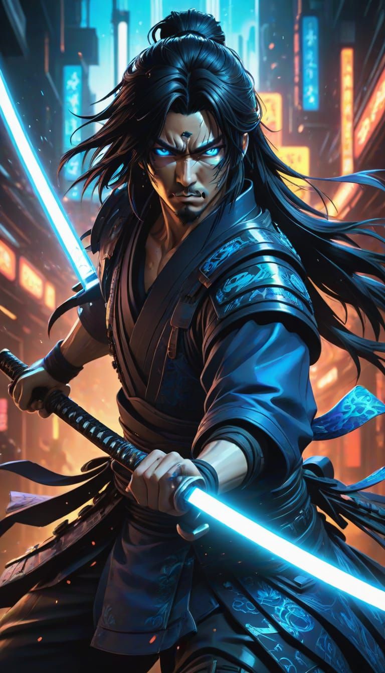 Cyberpunk Samurai Masterpiece in Vibrant Neon Tones