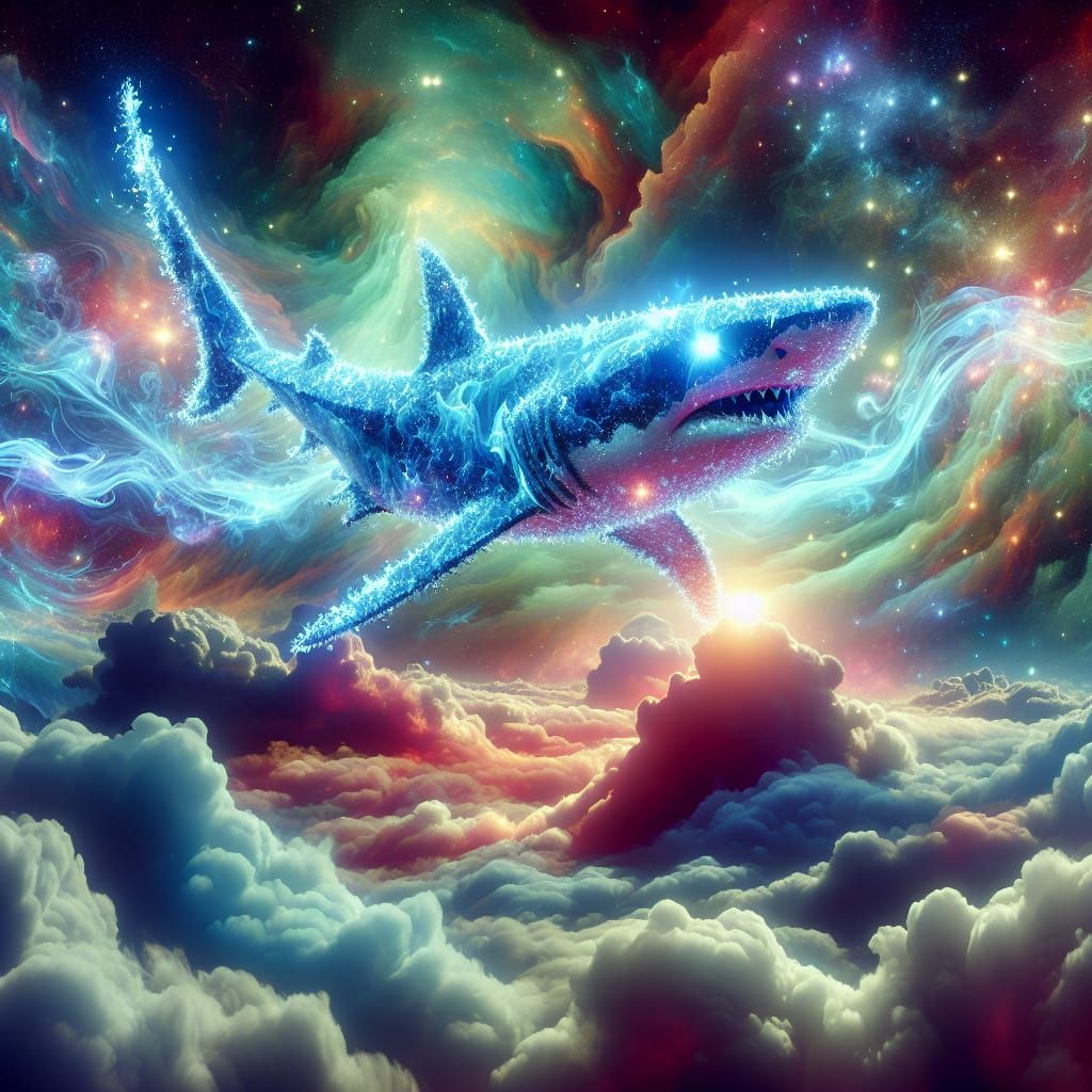 Neon Water Shark Floats in Cosmic Sky
