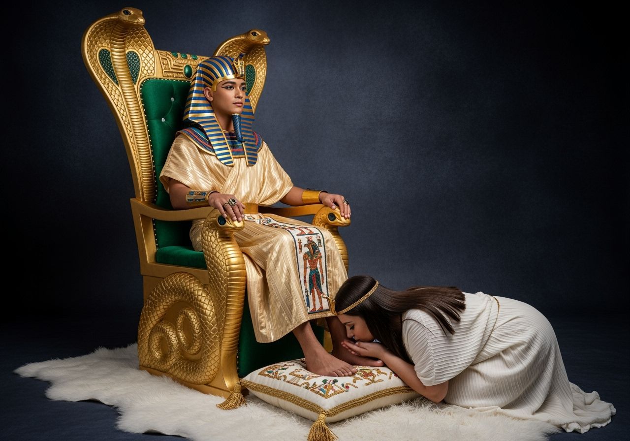 Regal Egyptian Pharaoh on Jeweled Cobra Throne