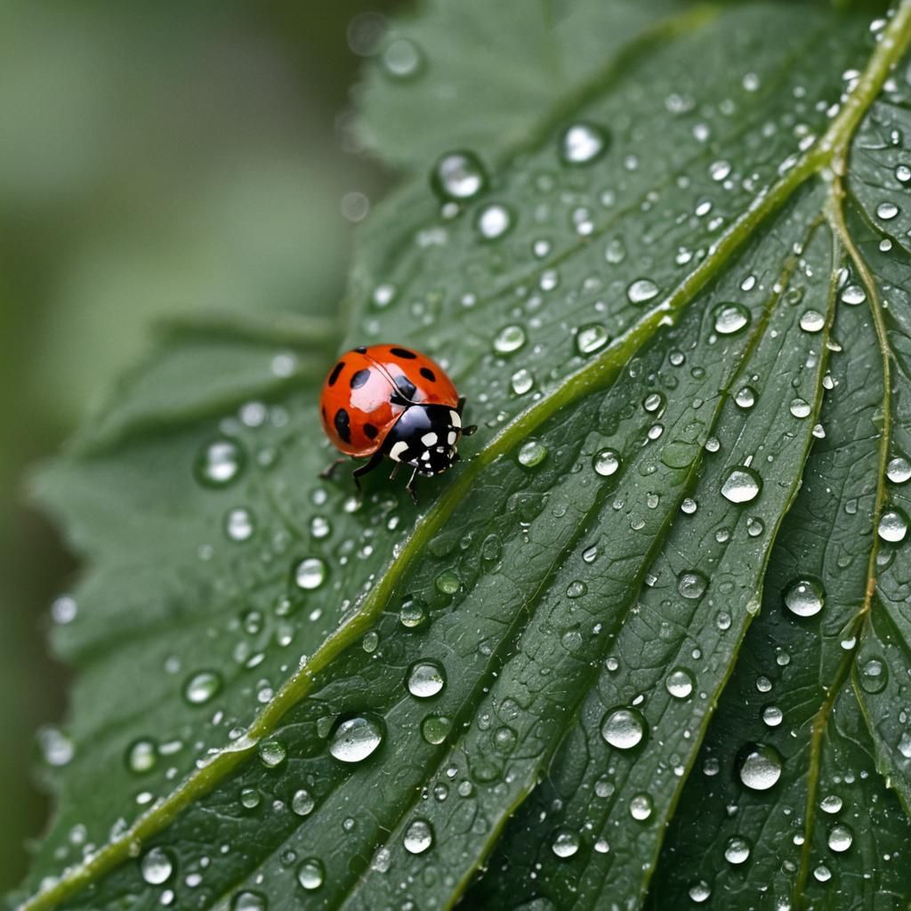 Ladybug on Dewy Leaf: Macro Photography