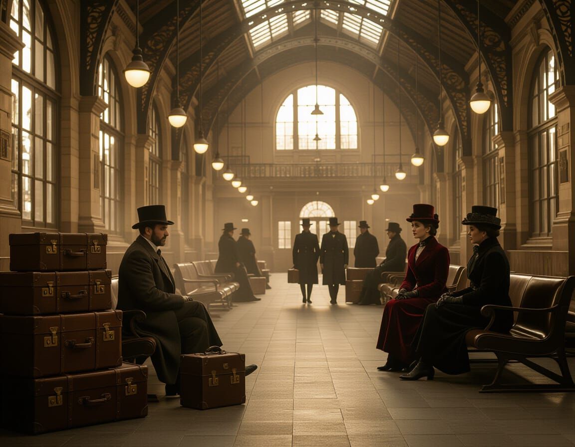 Sepia Train Station Scene in Retrofuturistic Style