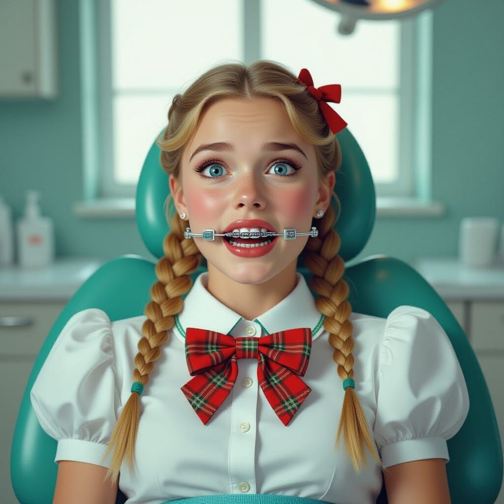 Terrified Girl with Braces in Dentist Chair