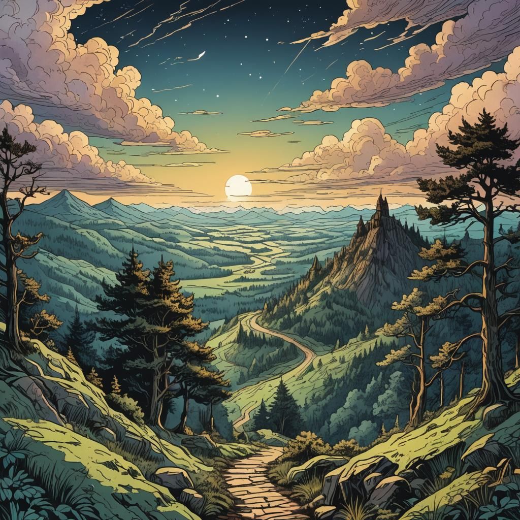 Forest Path at Dusk: Retro D&D Illustration