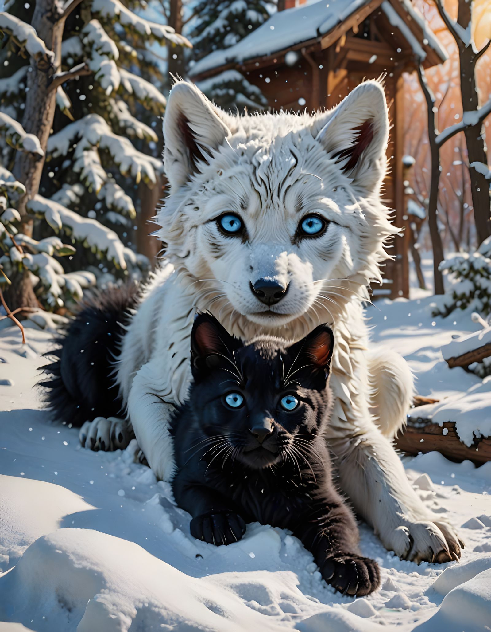 Little black kitten and wolf pup