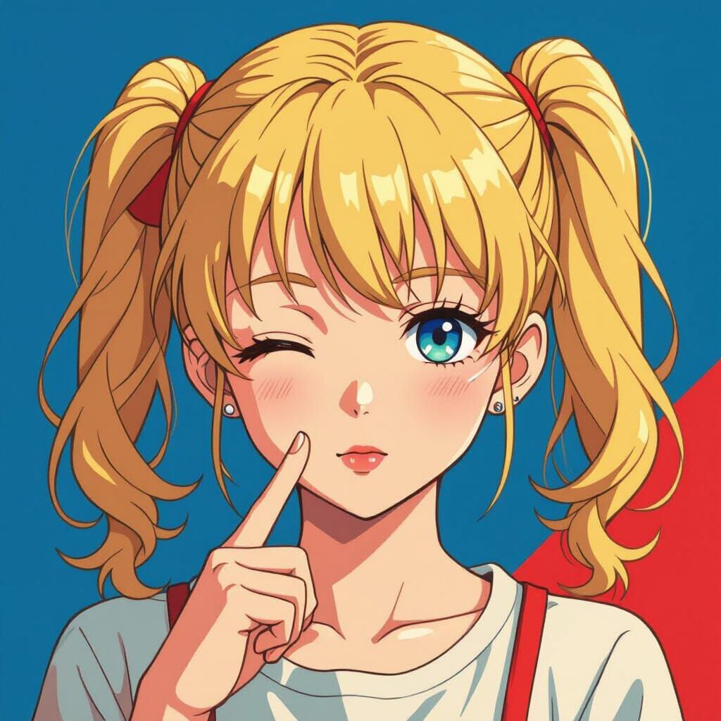Anime Girl with Blonde Pigtails Pondering in Vibrant Style