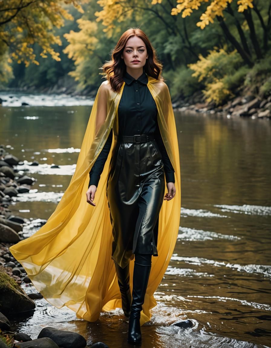 Emma Stone with yellow cape walking by the river.