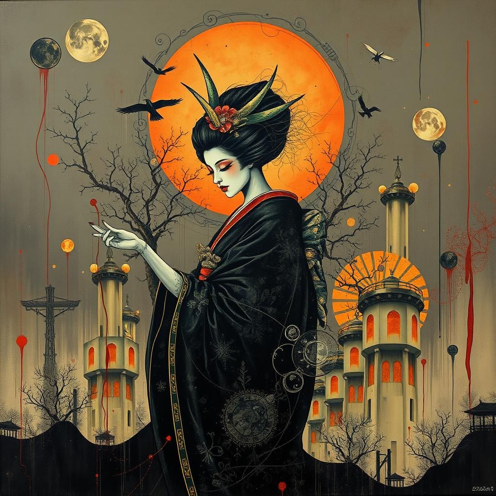 Dystopian Art Deco Geisha Heavy Metal Cover