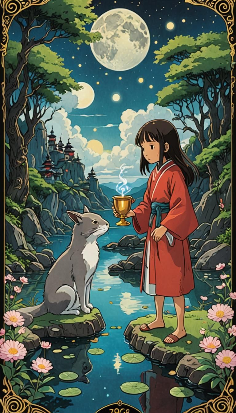 Two of Cups Tarot Card in Ghibli Style