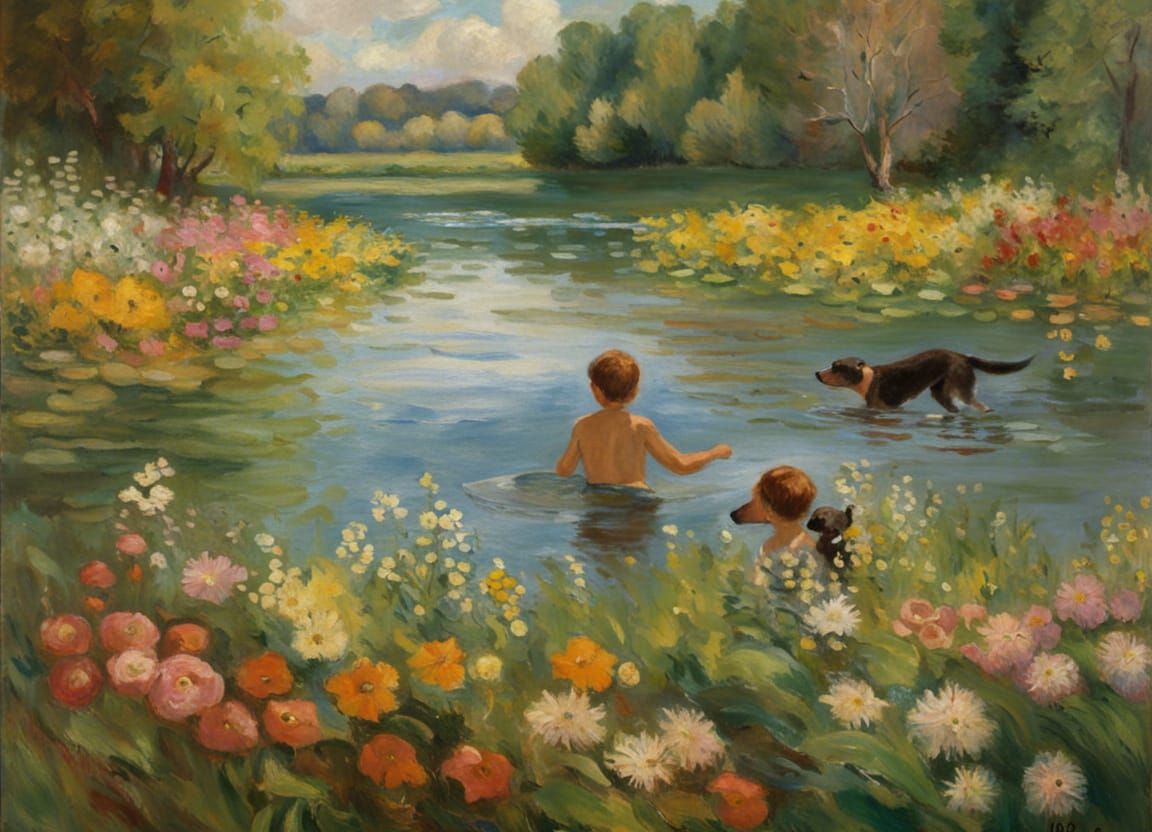 Boy and Dog Swimming: An Impressionist Painting