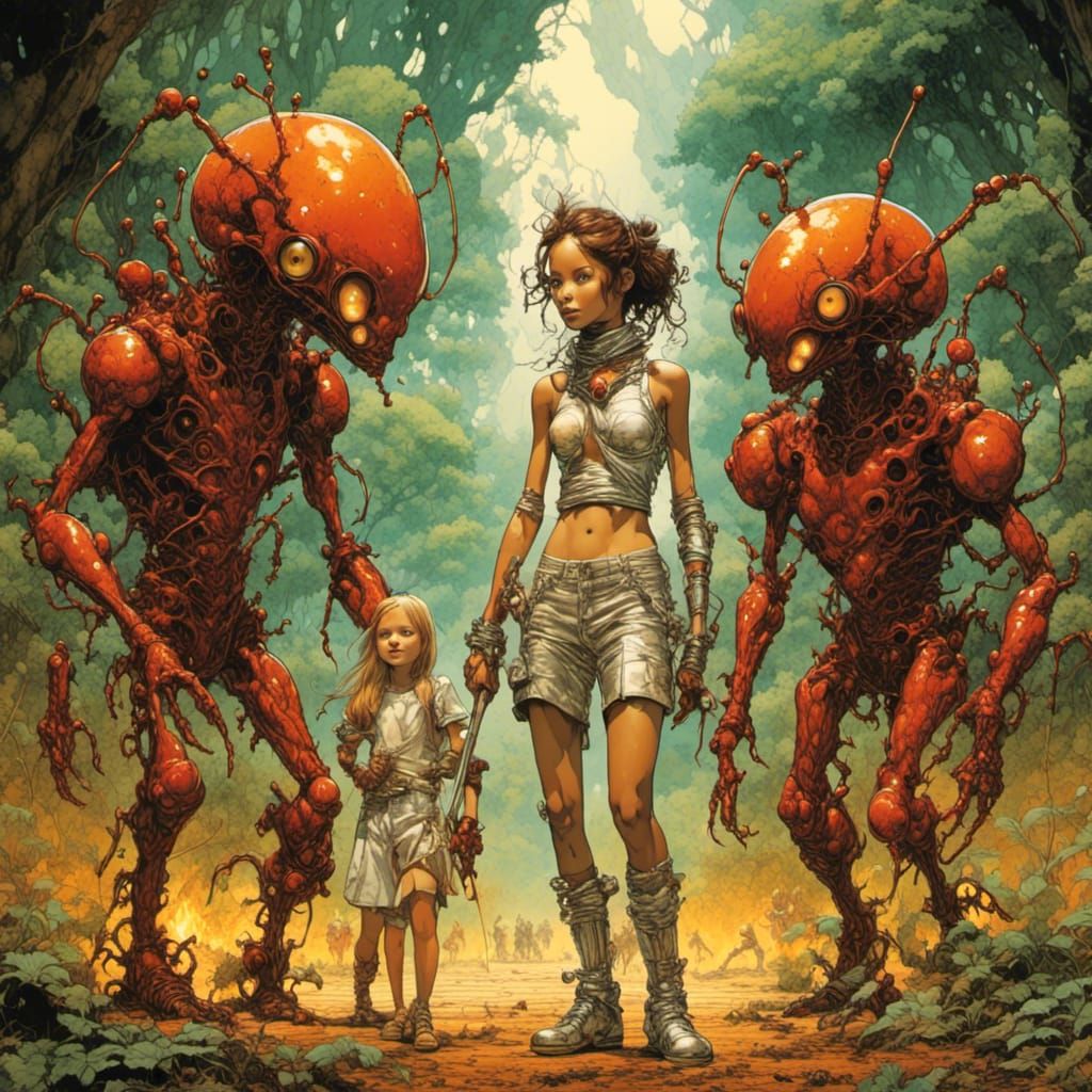 Shrunken Teens Face Giant Ants in Comic Style