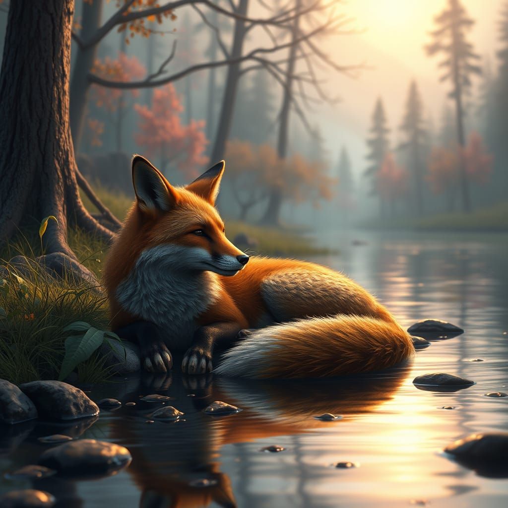 Fox Resting by River: Detailed Fantasy Art