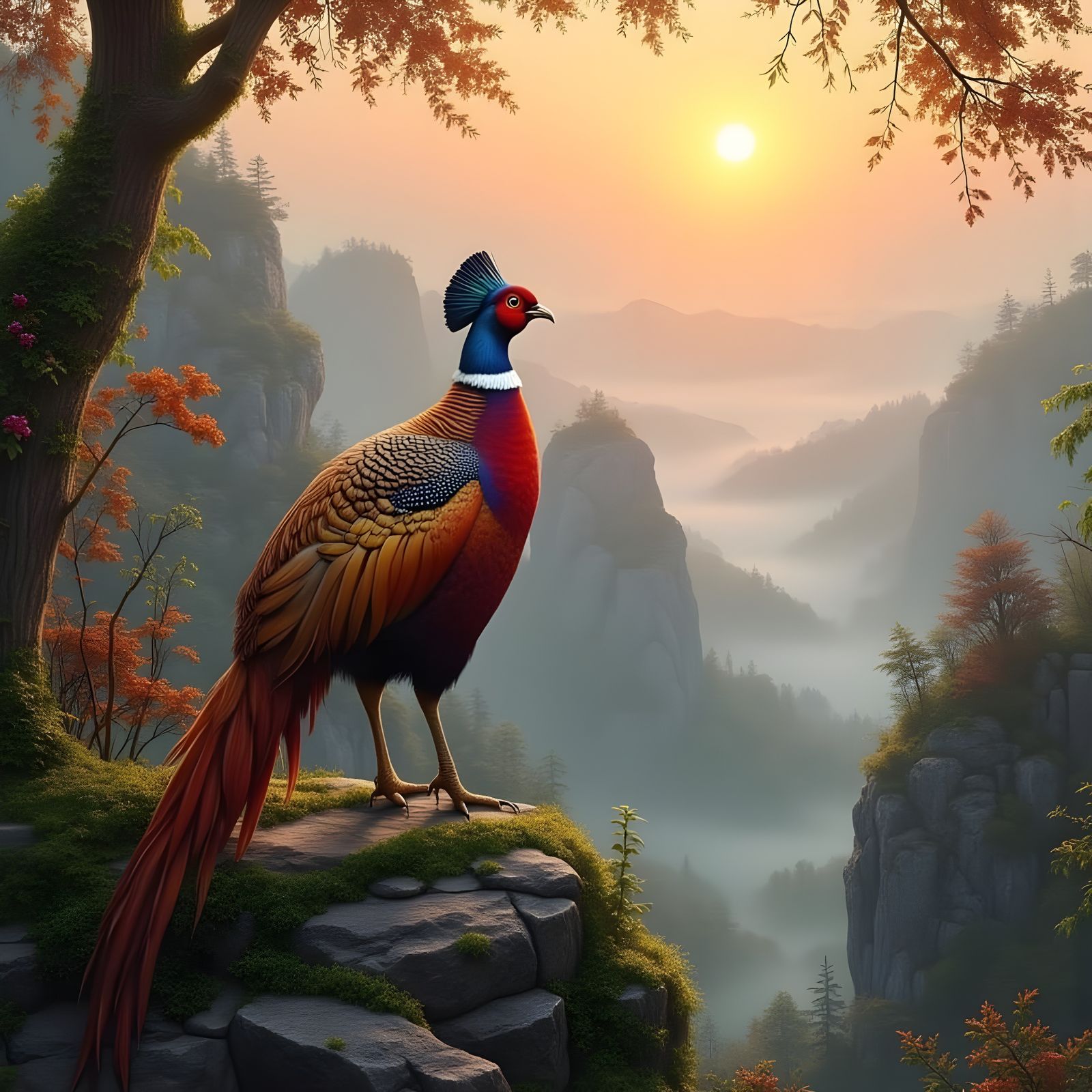 Pheasant on Rocky Overlook, Vibrant Fantasy Landscape