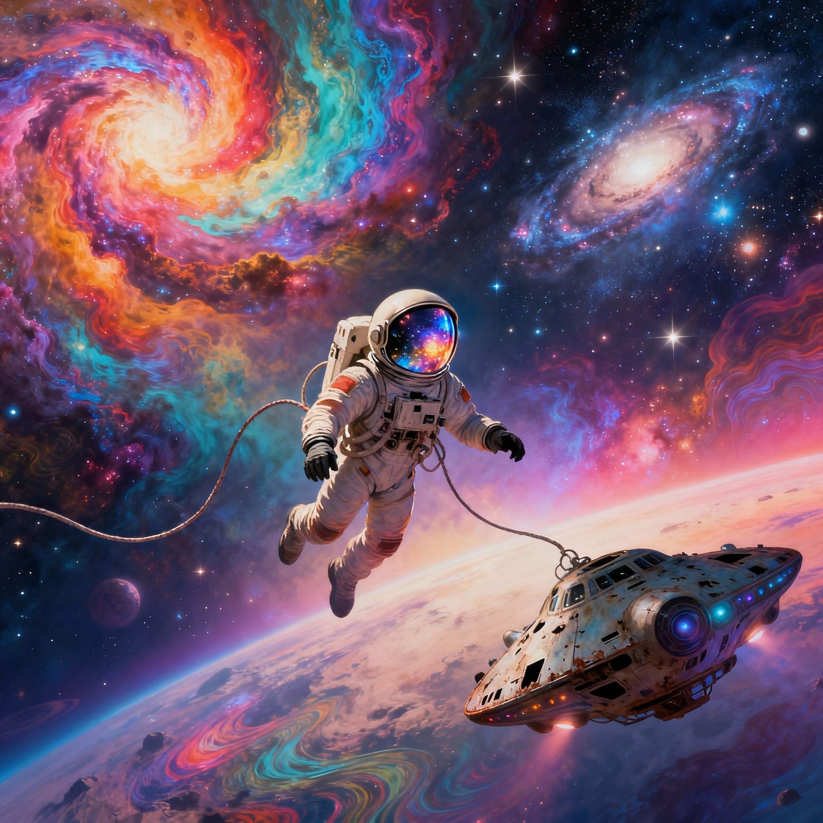 Astronaut Drifts Near Alien Ship Amidst Cosmic Nebulae