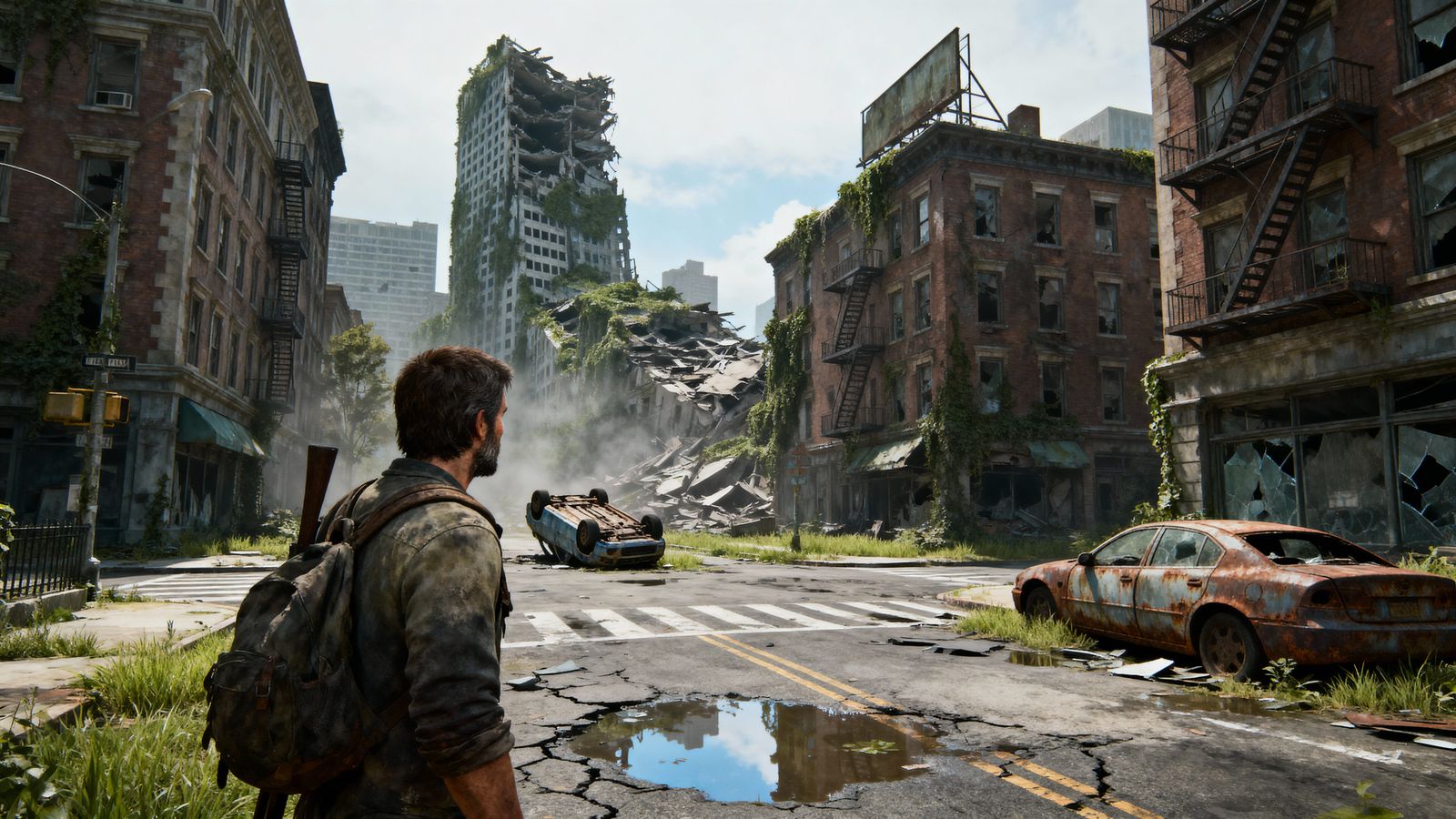 Post-Apocalyptic Man Gazes Over Ruined New York City Street