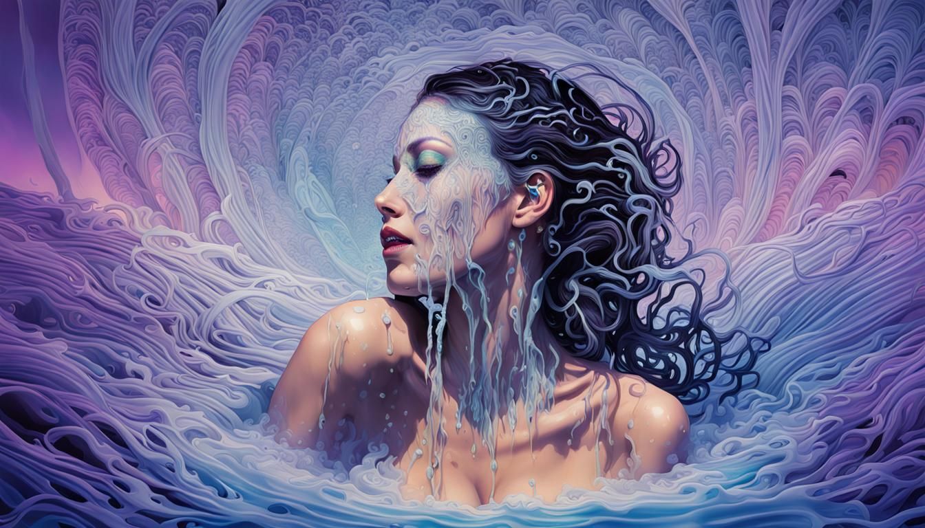 large crying eye creating a waterfall of milk, virus, detail...