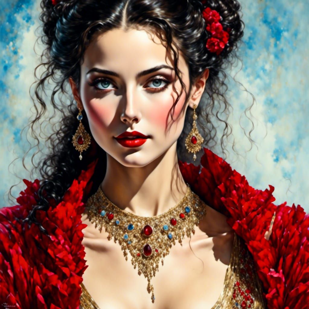 Mona Lisa Style Italian Beauty with Mediterranean Flowers