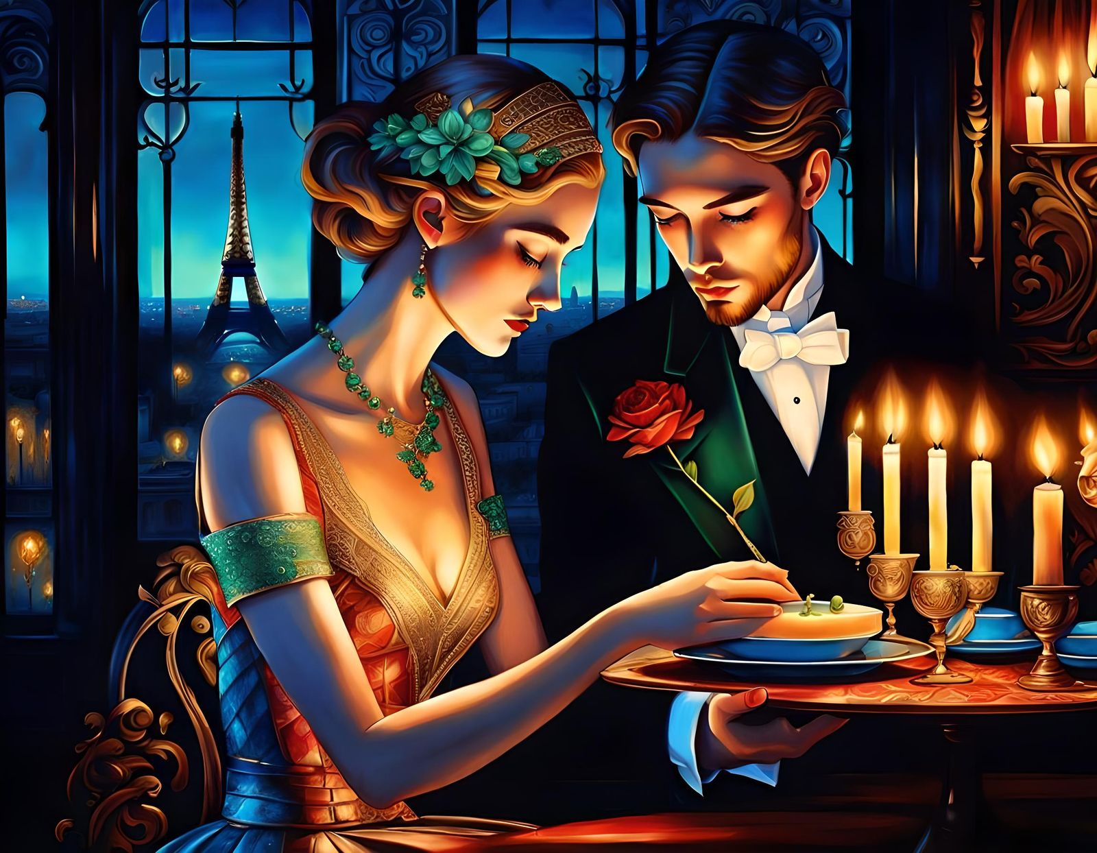 Romantic Candlelit Dinner in Paris, Art Deco Portrait