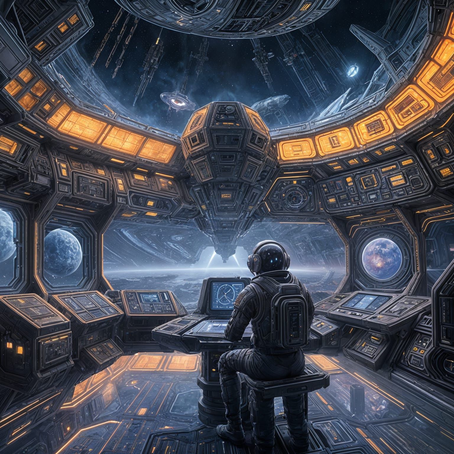 Futuristic Astronaut in Gigantic Spaceship