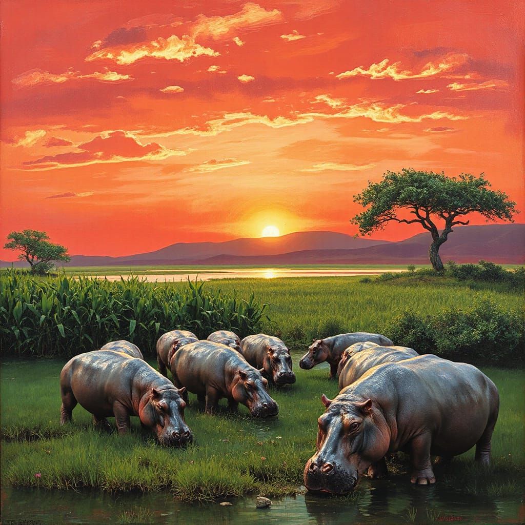 Grey Hippopotami Graze in a Vibrant African Landscape
