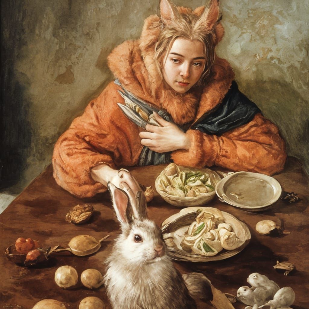 Rabbit Contemplates Tea, Painterly Cartoon Style