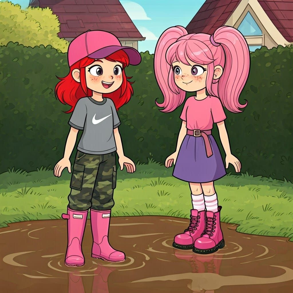 Girls Playing in Muddy Puddle, Colorful Clothing