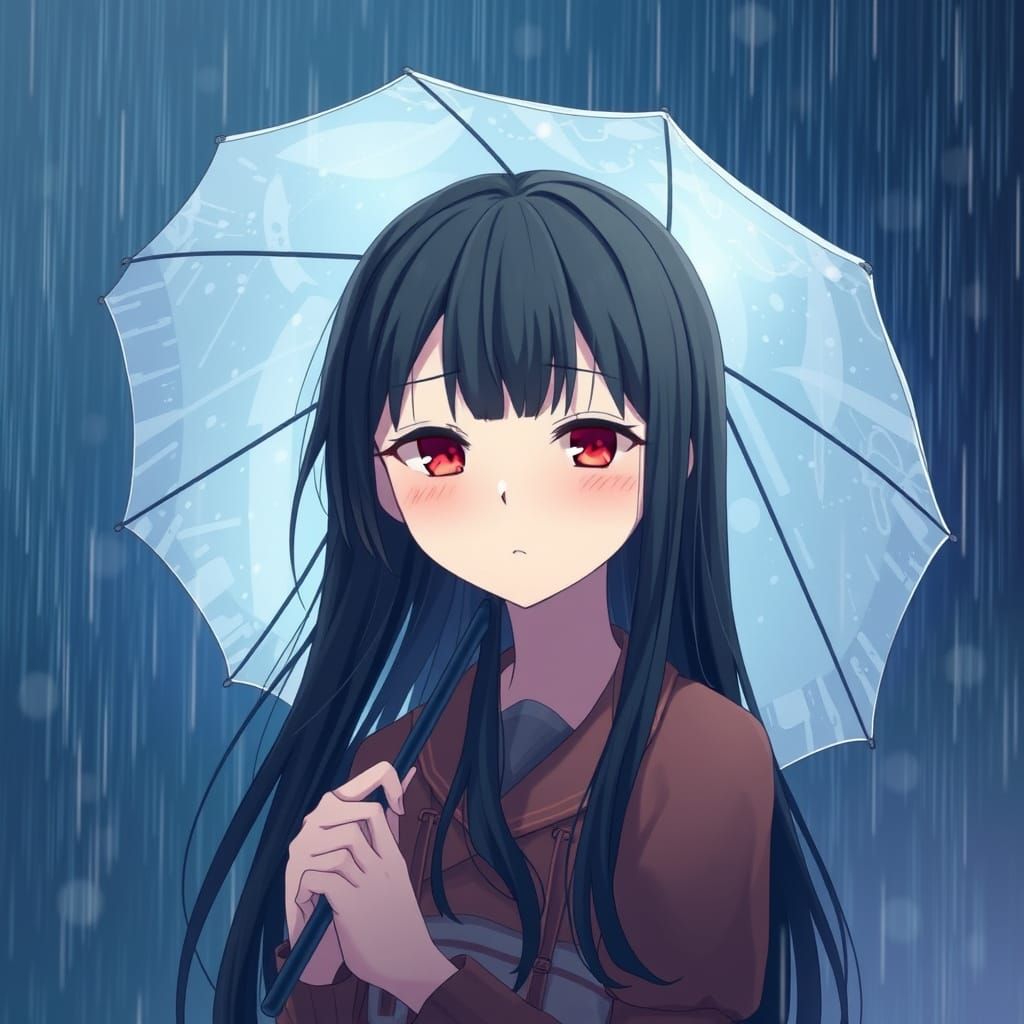 Girl in Rainy Landscape with Delicate Umbrella in Vibrant An...