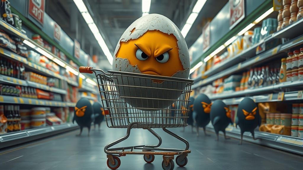Angry Egg Cart in a Grocer's Aisles, in a Cyberpunk Aestheti...
