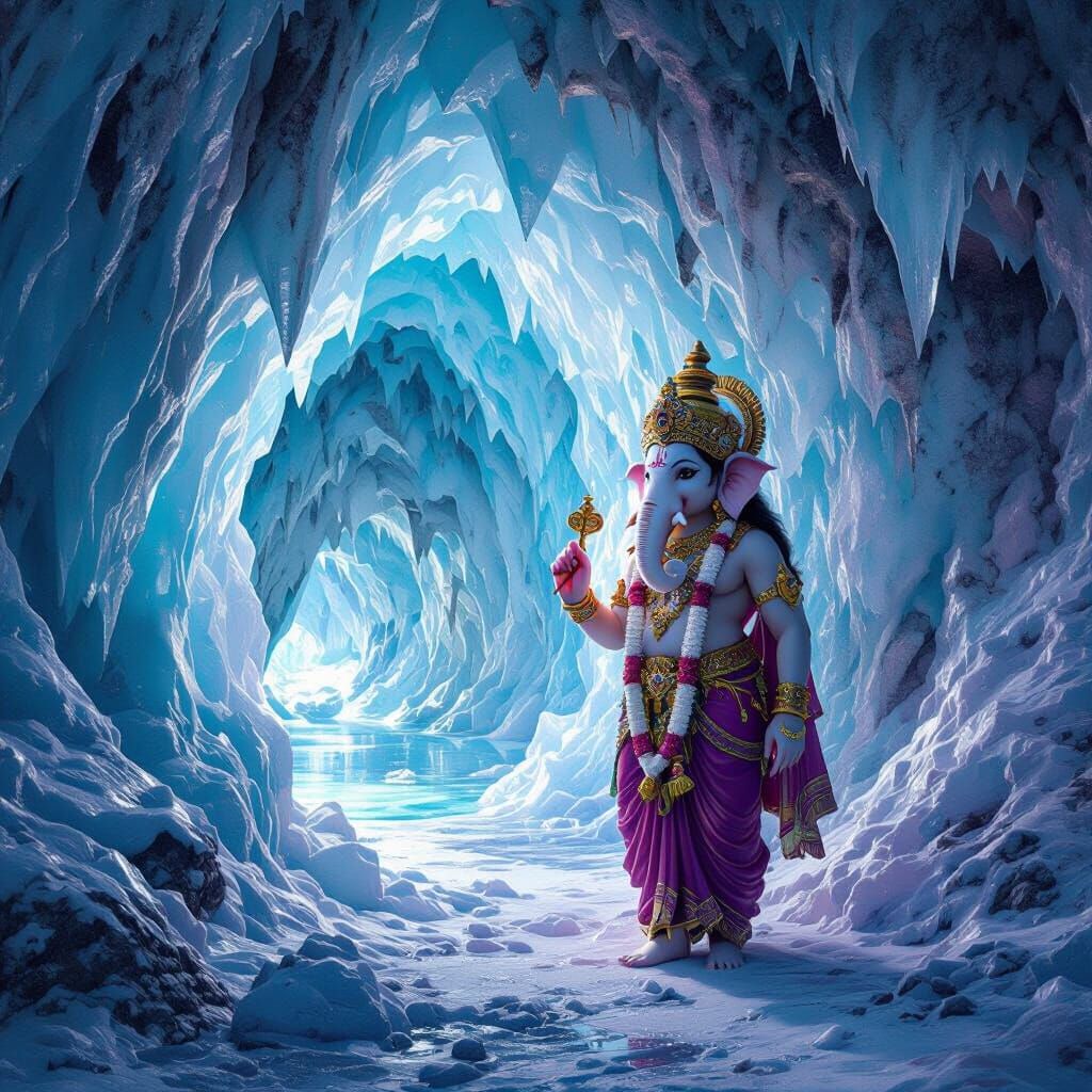 Lord Ganesha Beside an Ice Cave in Matte Painting Style