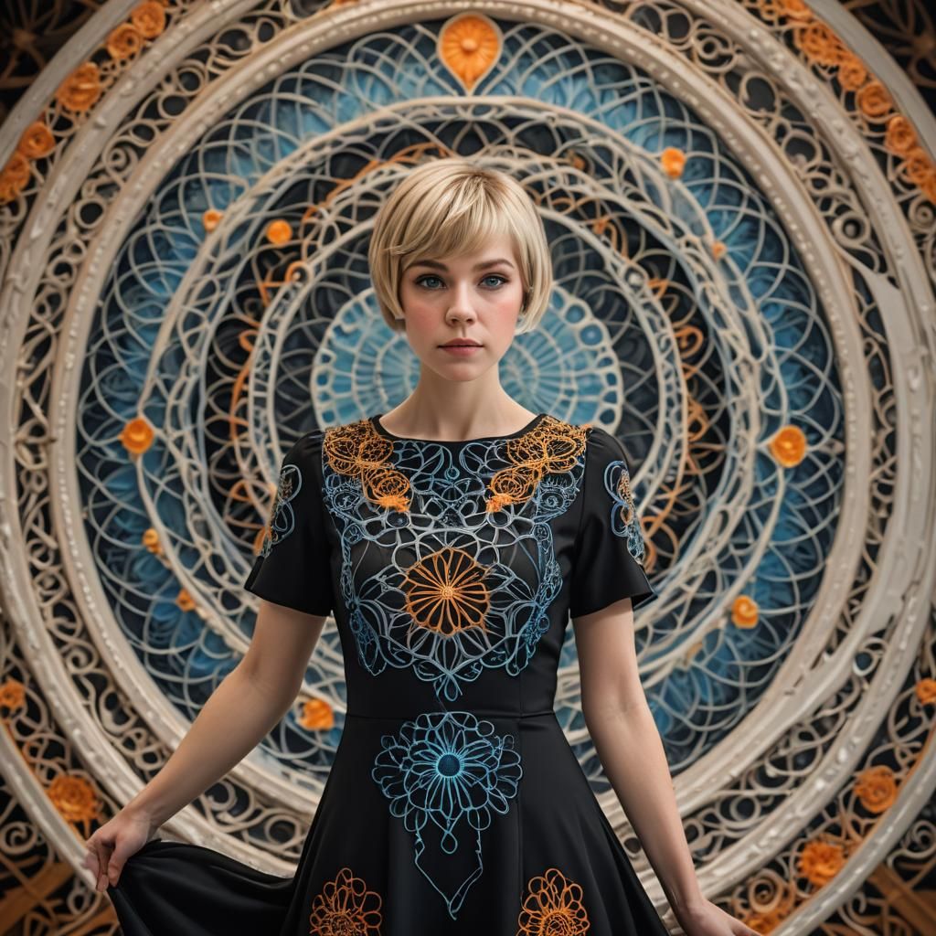 Woman in Ballroom with Spirograph Dress