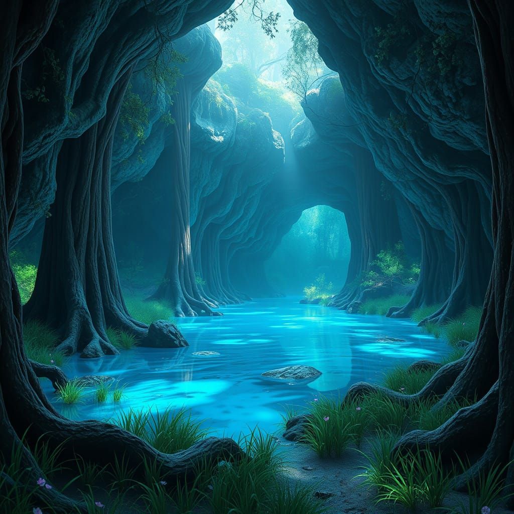 Fantastical Redwood Forest Lagoon Illuminated by Pearlescent...