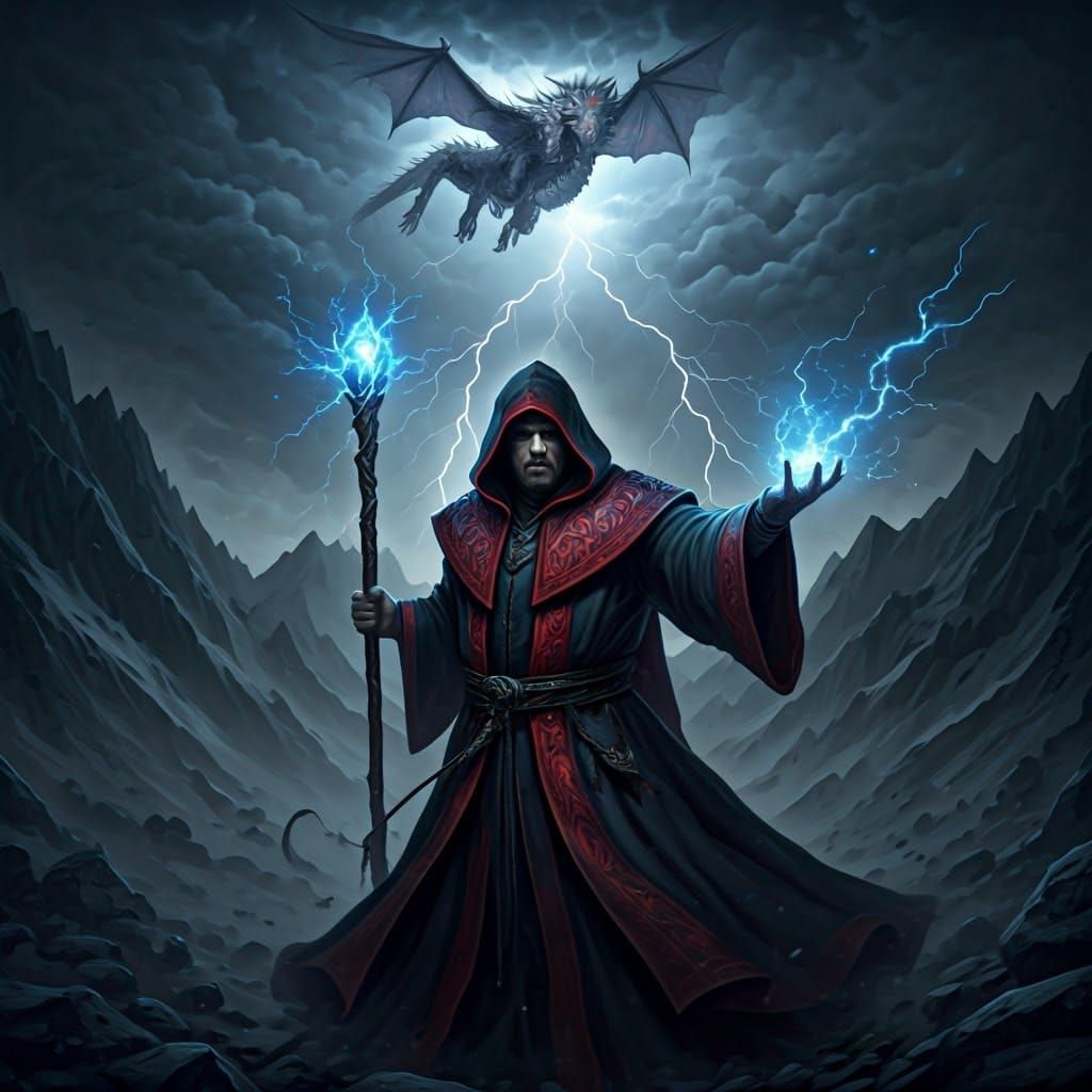 Wizard Summons Lightning Dragon in Epic Landscape