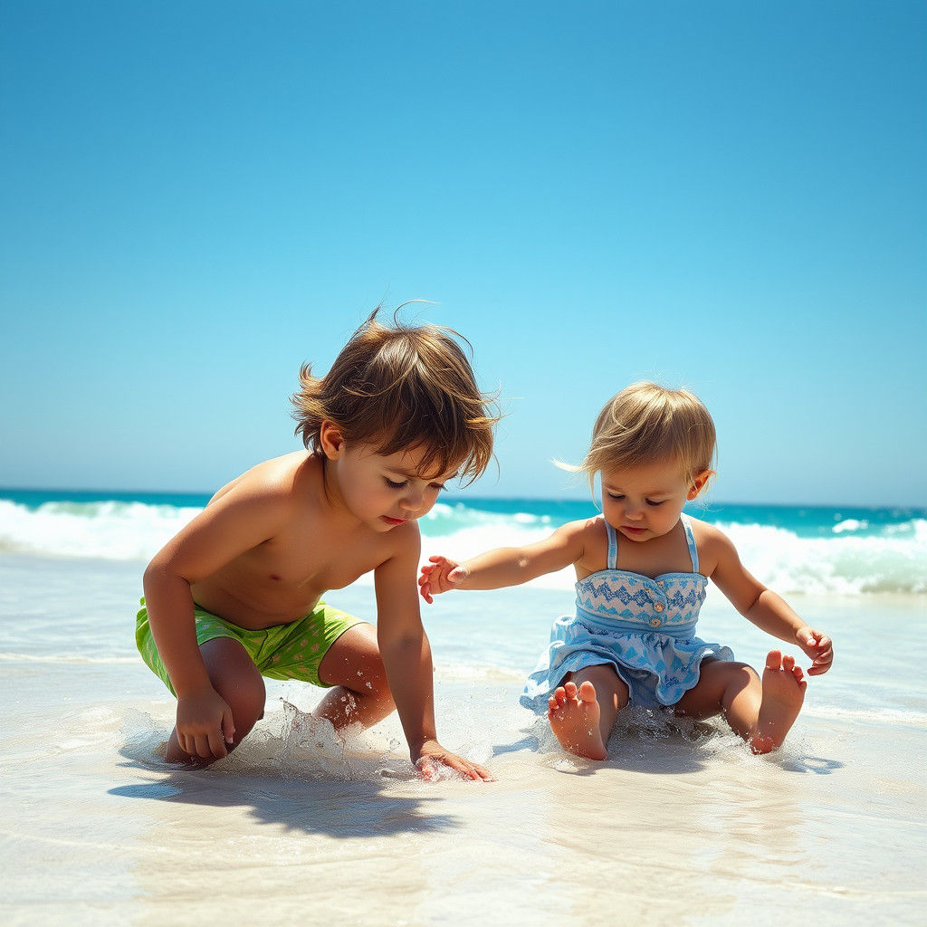 Children Playing on Beach in Sunshine: Photo