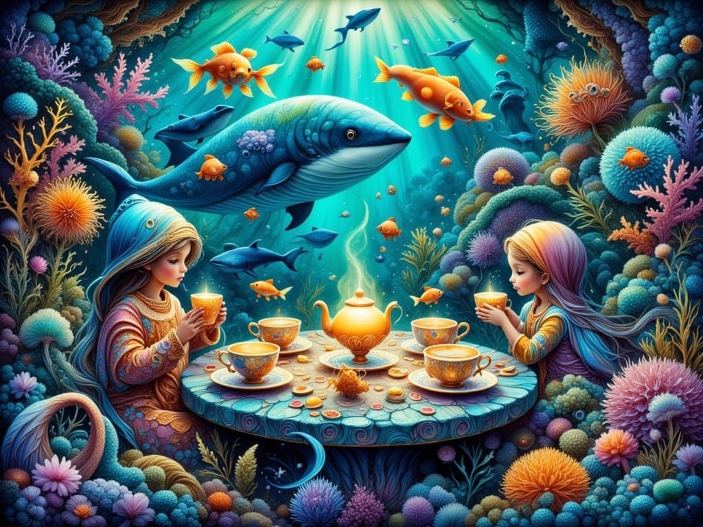 Surreal Underwater Tea Party in Children's Book Style