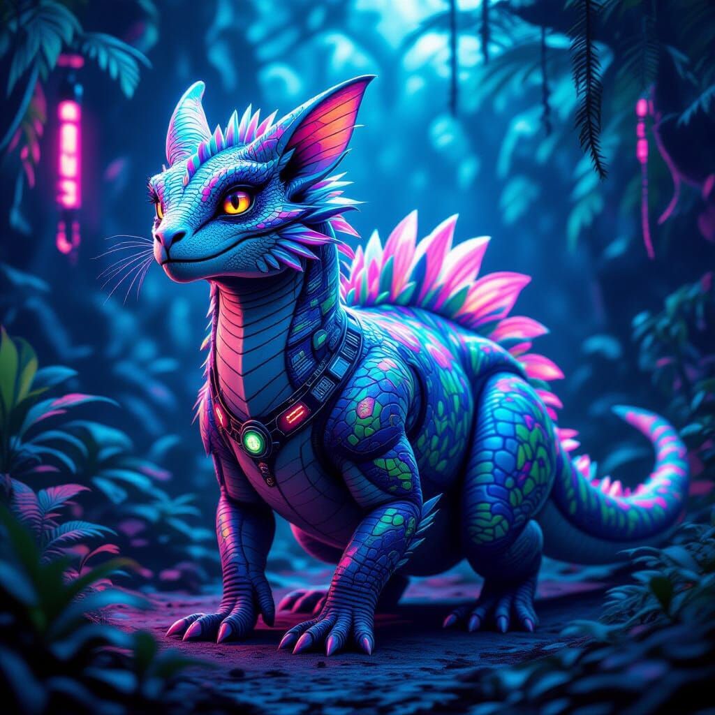Exotic Dinosaur-Cat Hybrid in Neon Cyberpunk Style