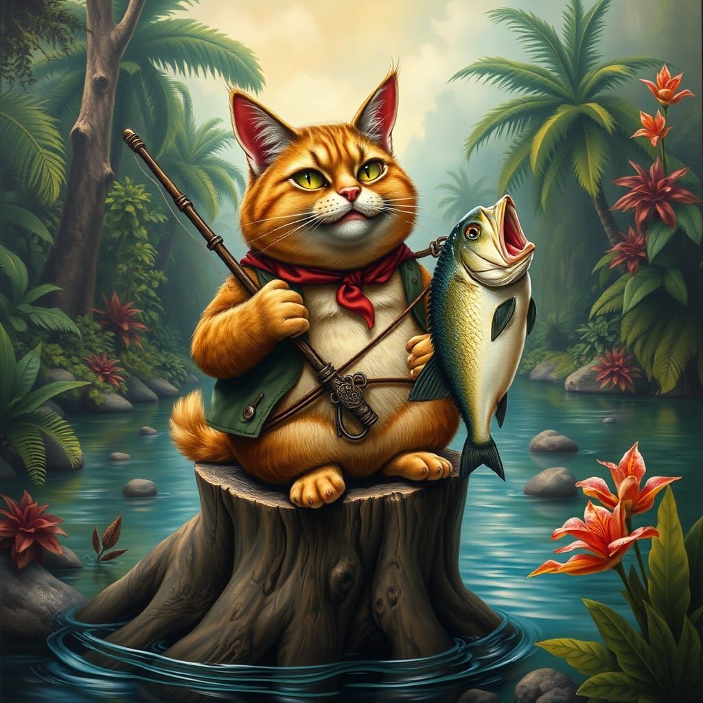 Whimsical Cat Fisherman Painting in Mark Ryden Style